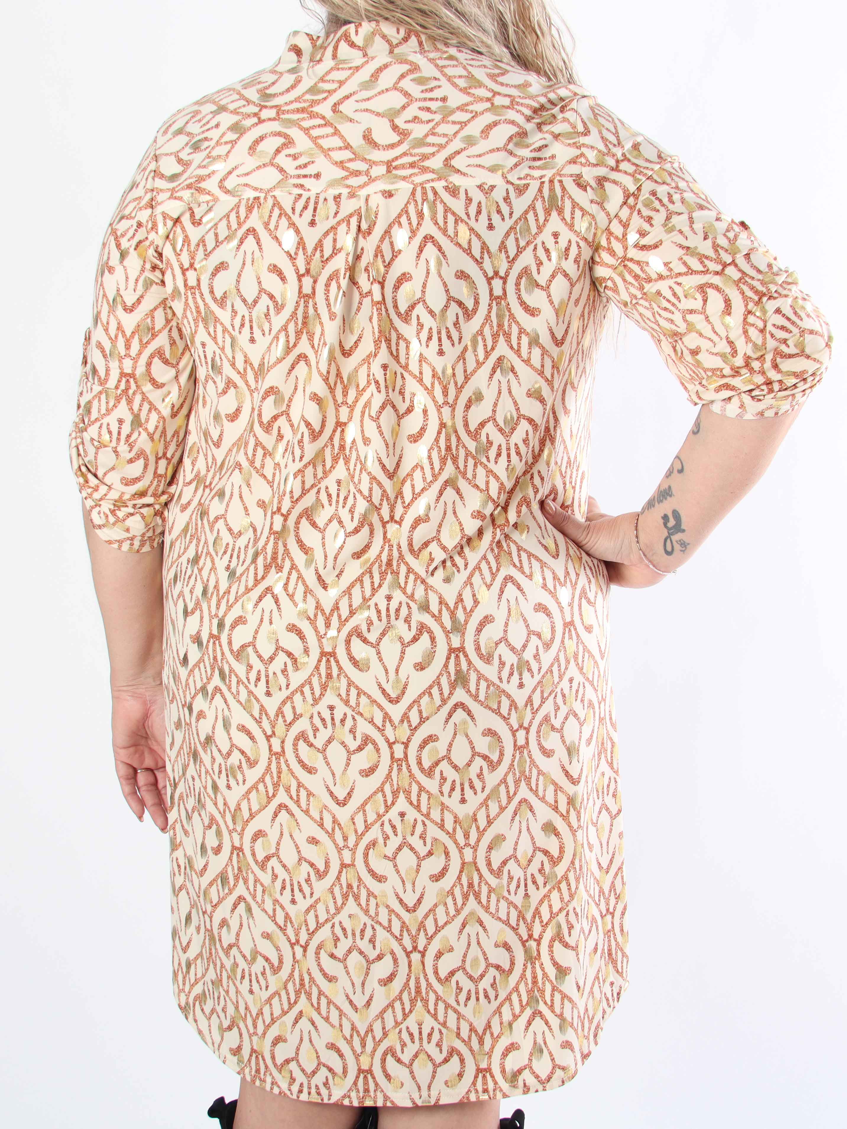 Ebba Boho Long - Elastisk plus size mønstret kjole med guld prikker